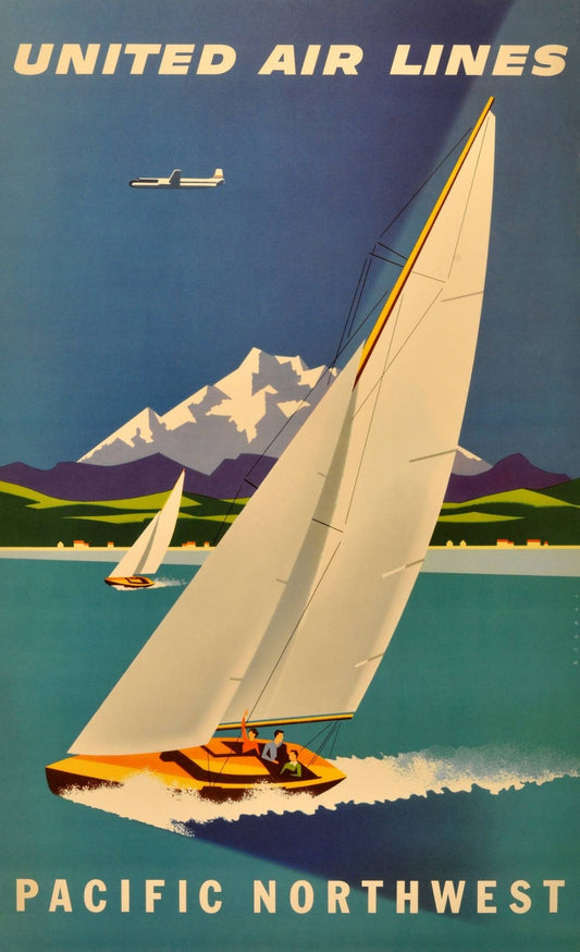 Original vintage travel advertising poster for United Airlines Pacific Northwest