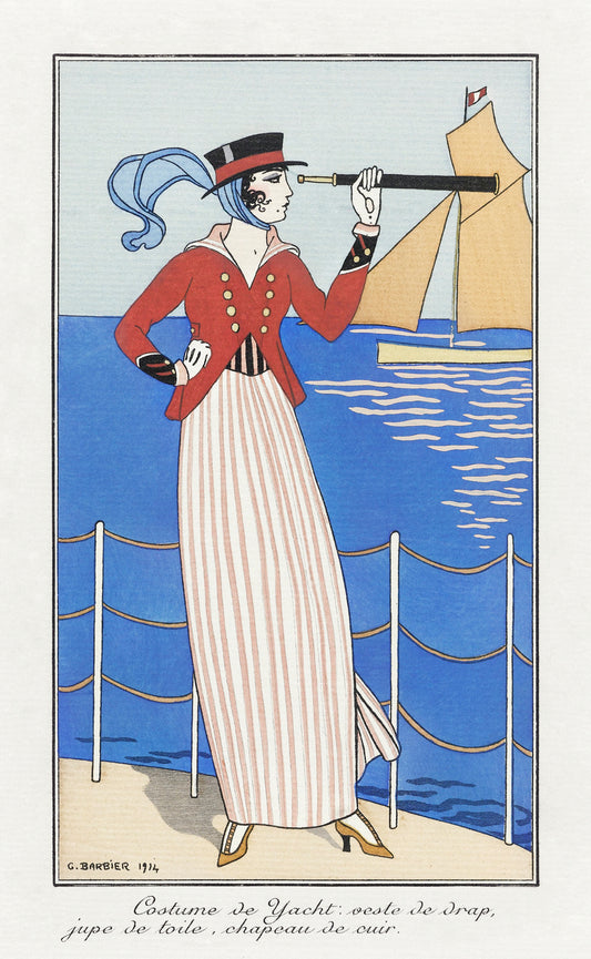 Vintage French illustration of woman on yacht 