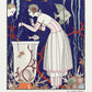French Illustration. Woman in pink and white dress