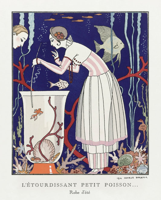 French Illustration. Woman in pink and white dress