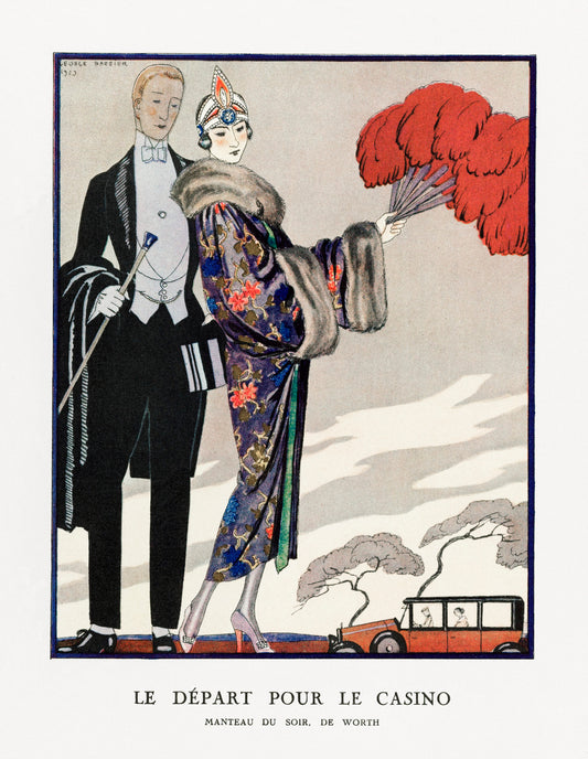1923 Illustration of woman with red fan going to the casino