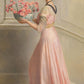 Portrait of a lady in pink carrying a bowl of pink carnations