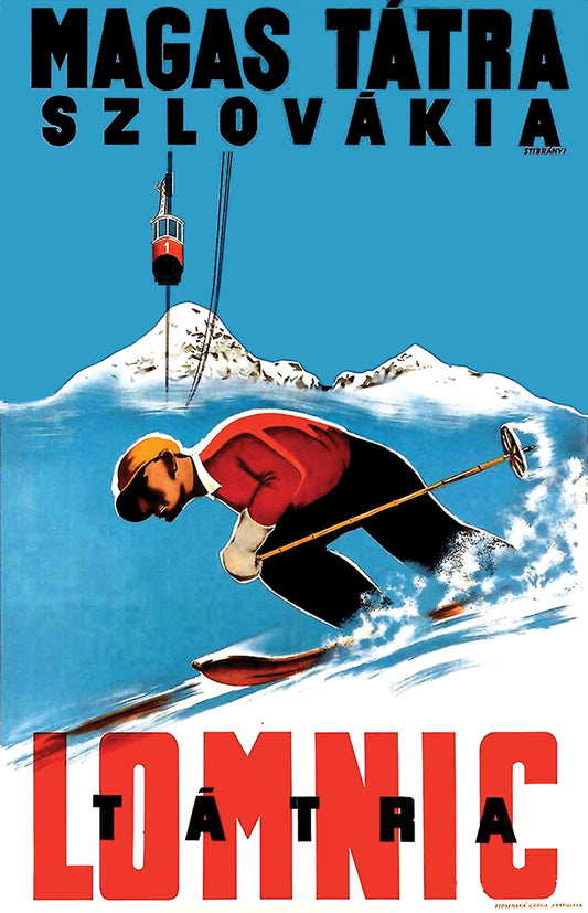 Vintage Ski Poster_ Man in Blue sweater skiing down a mountain