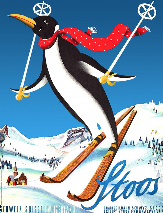 Stoos Ski Vintage Winter Print Penguin skiing in red scarf