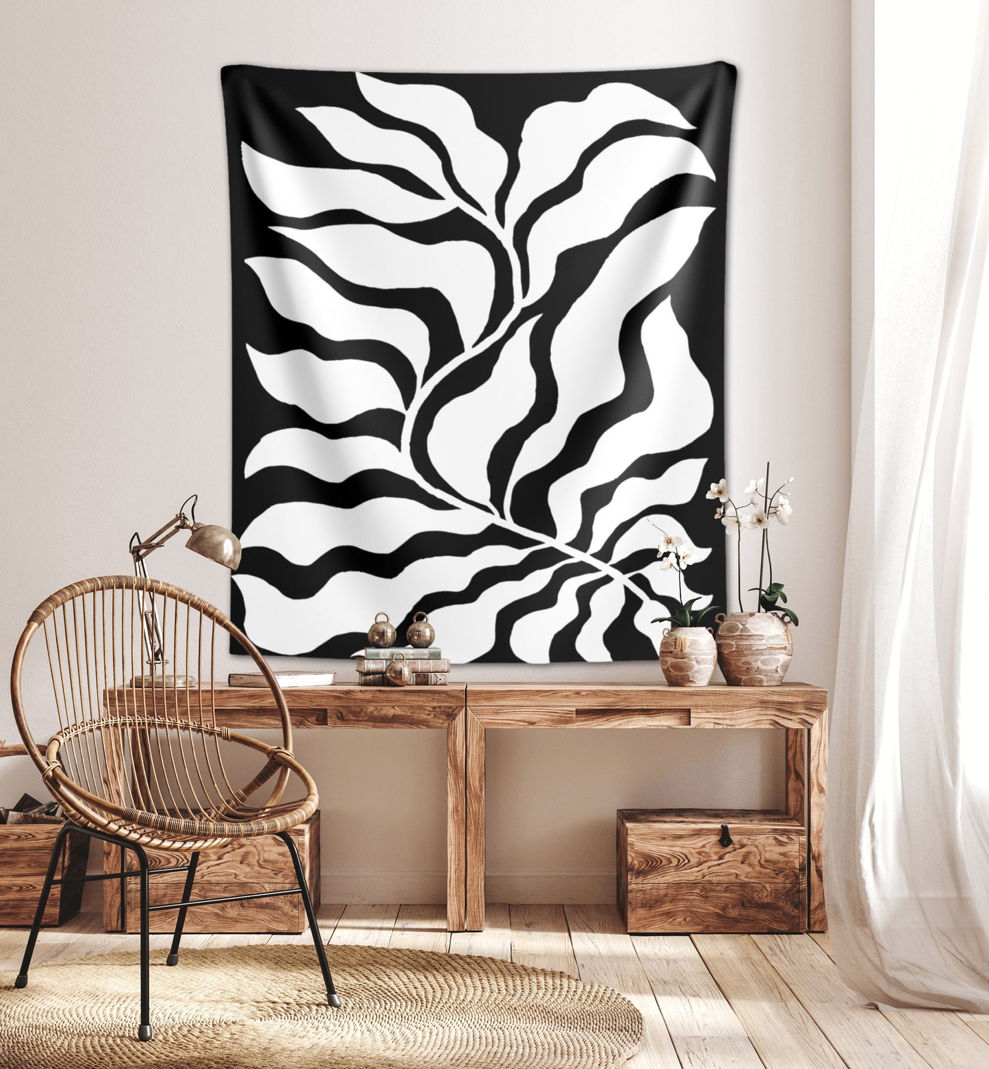 White and Black Abstract Floral Wall Tapestry