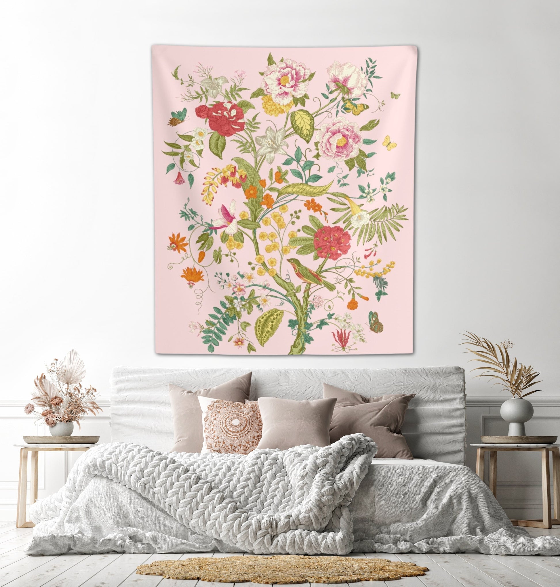 Pink Flower Tree Wall Tapestry