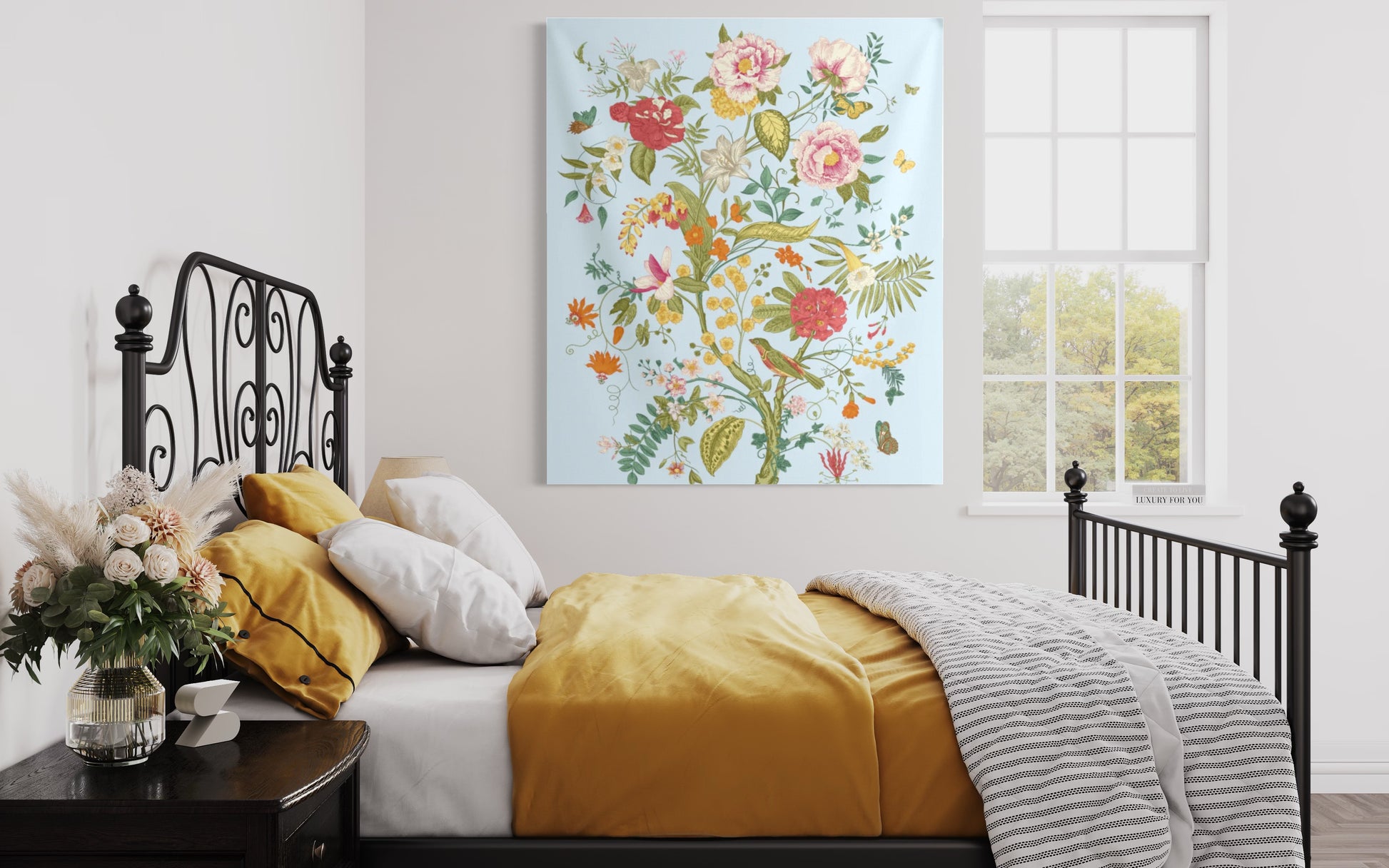 Sky Blue Floral Wall Tapestry