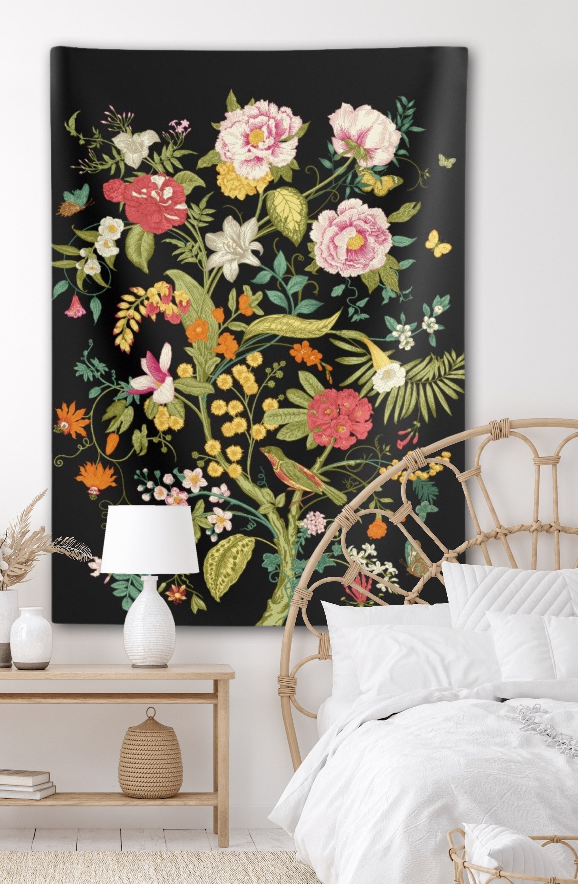 Black Floral Tree Wall Tapestry