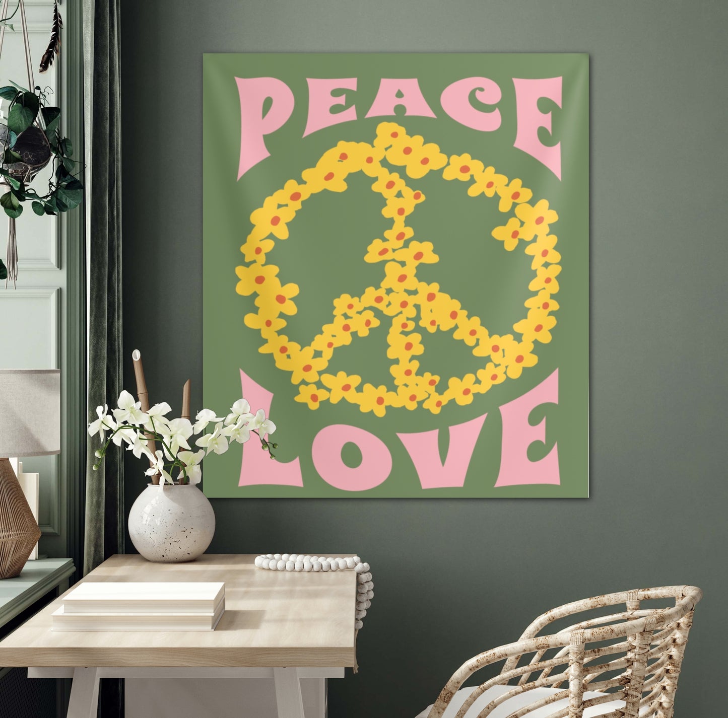 Peace and Love Sage Green Tapestry