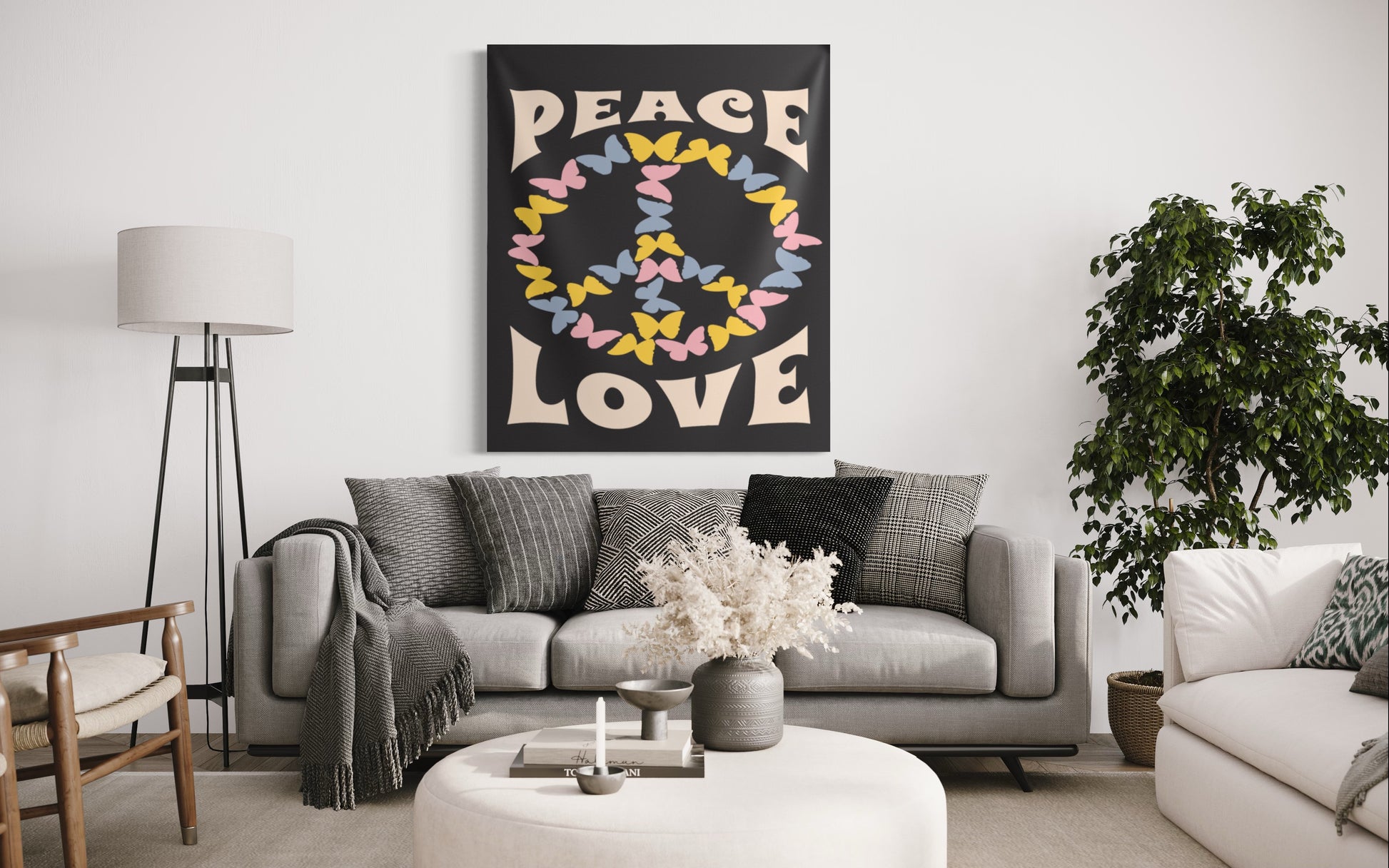 Black Peace Sign Tapestry above Sofa